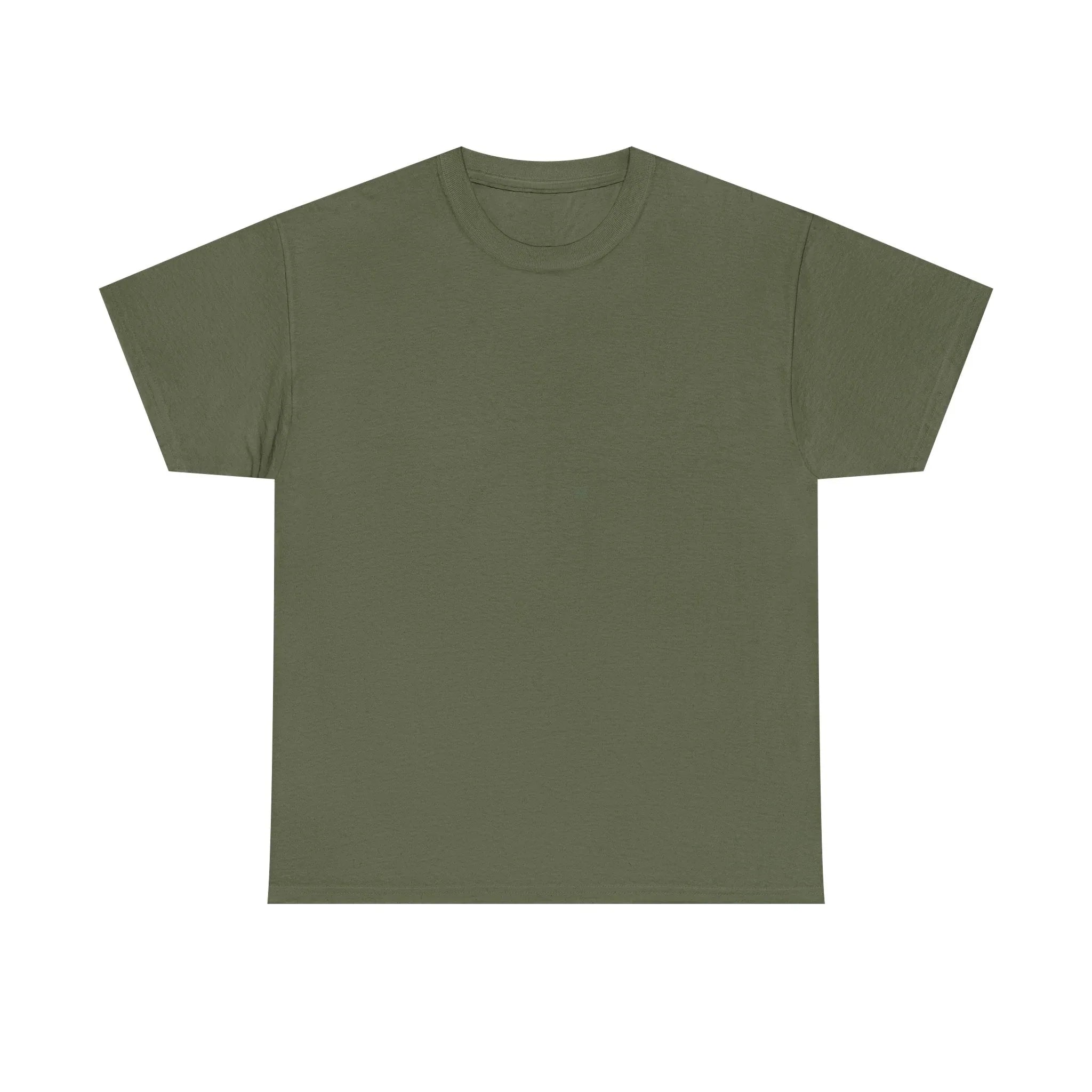 Olive green heavy cotton T-shirt with crew neck and short sleeves, unisex fit.