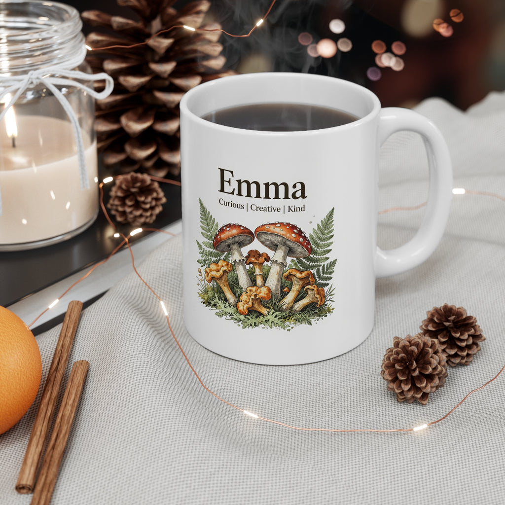 White ceramic mug with handle, Emma name and mushroom illustration on front.