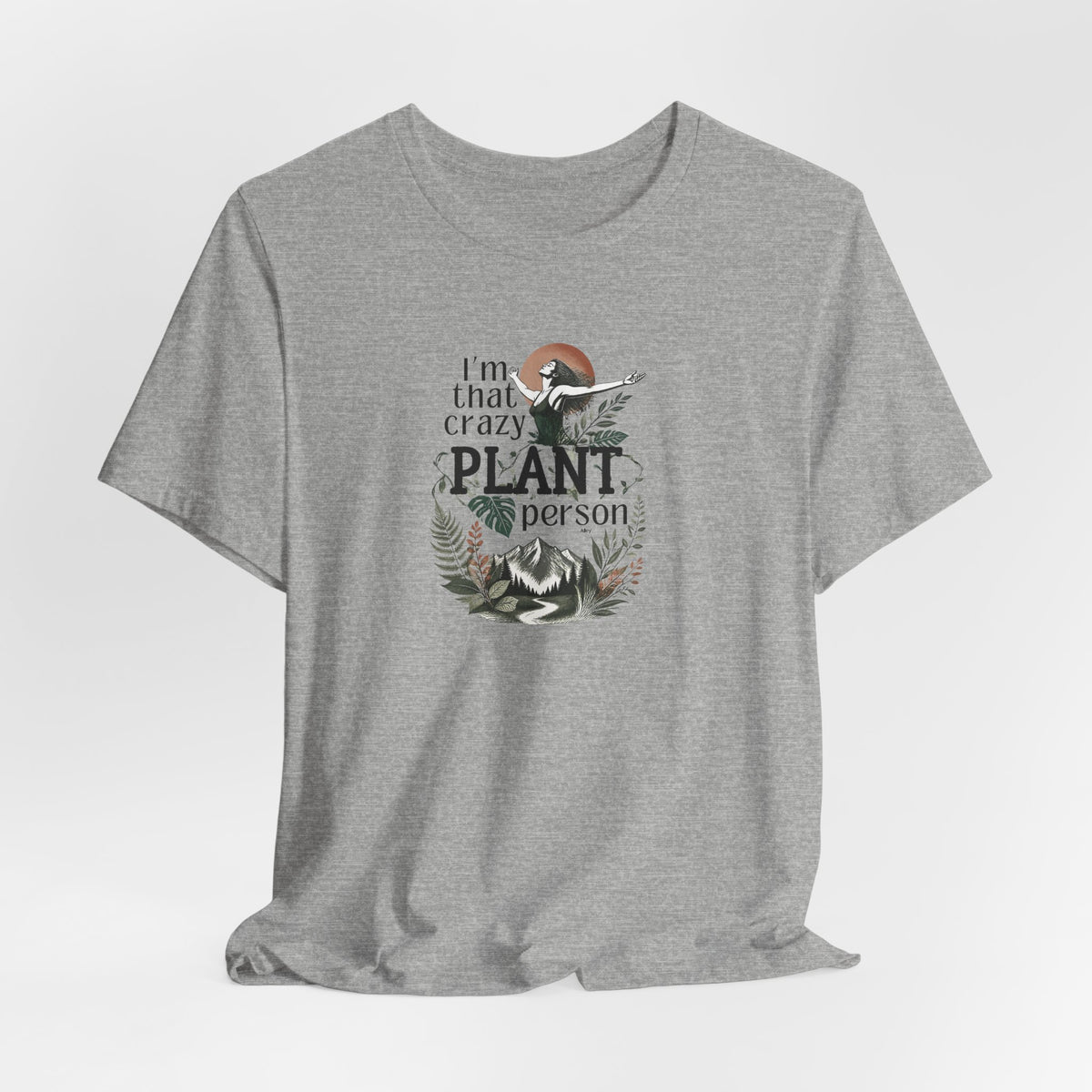 Light gray heather plant lover t-shirt with 'crazy plant person' botanical graphic