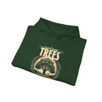 Dark green unisex hoodie flat lay with hood and “Plant More Trees” tree graphic