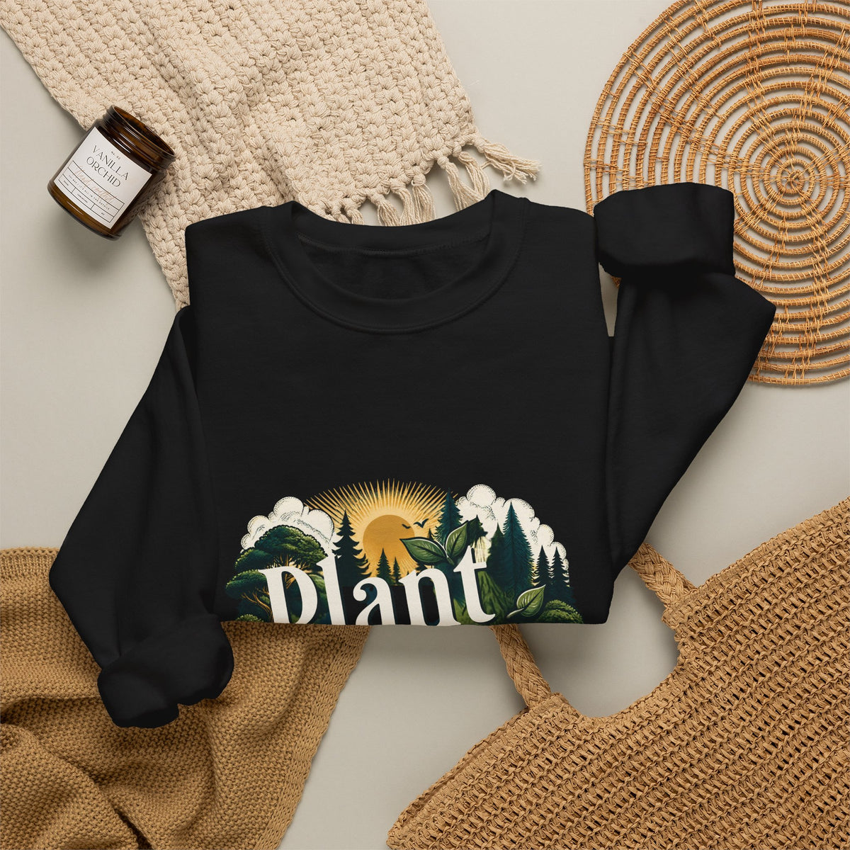 Black crewneck sweatshirt with tree and forest graphic on front