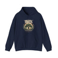 Navy unisex pullover hoodie with “Plant More Trees” tree graphic and front pocket
