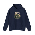 Navy unisex pullover hoodie with “Plant More Trees” tree graphic and front pocket