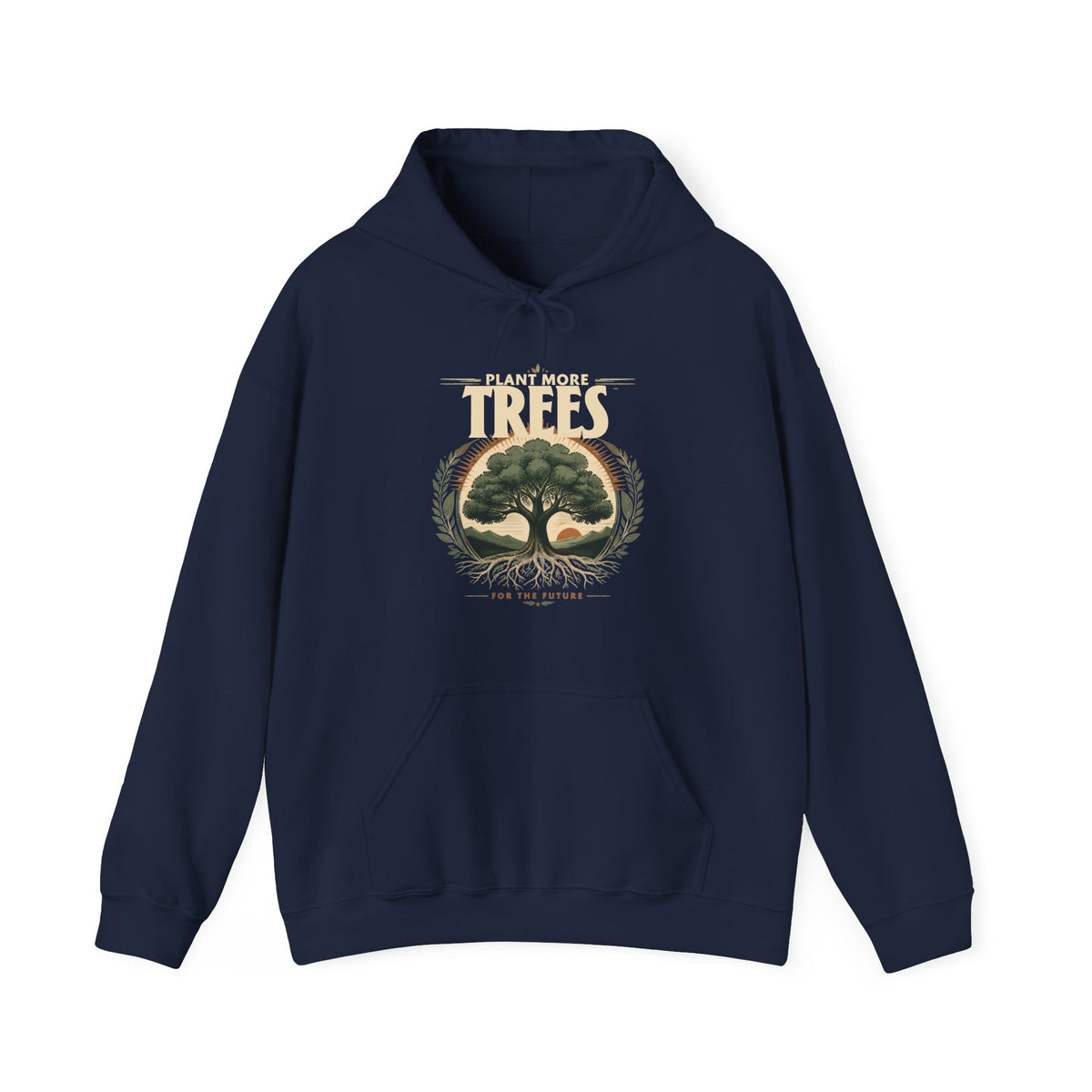 Navy unisex pullover hoodie with “Plant More Trees” tree graphic and front pocket