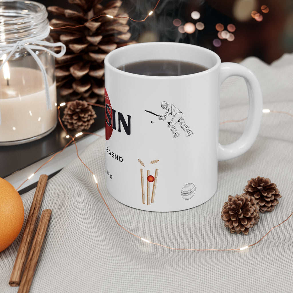 Personalised cricket mug with cricket batsman graphic, bat-and-ball icons, white ceramic