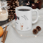 Personalised cricket mug with cricket batsman graphic, bat-and-ball icons, white ceramic