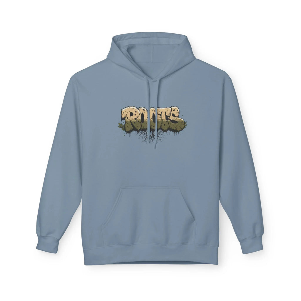 Light blue hoodie with drawstring hood, kangaroo pocket, and centered 'ROOTS' graphic.
