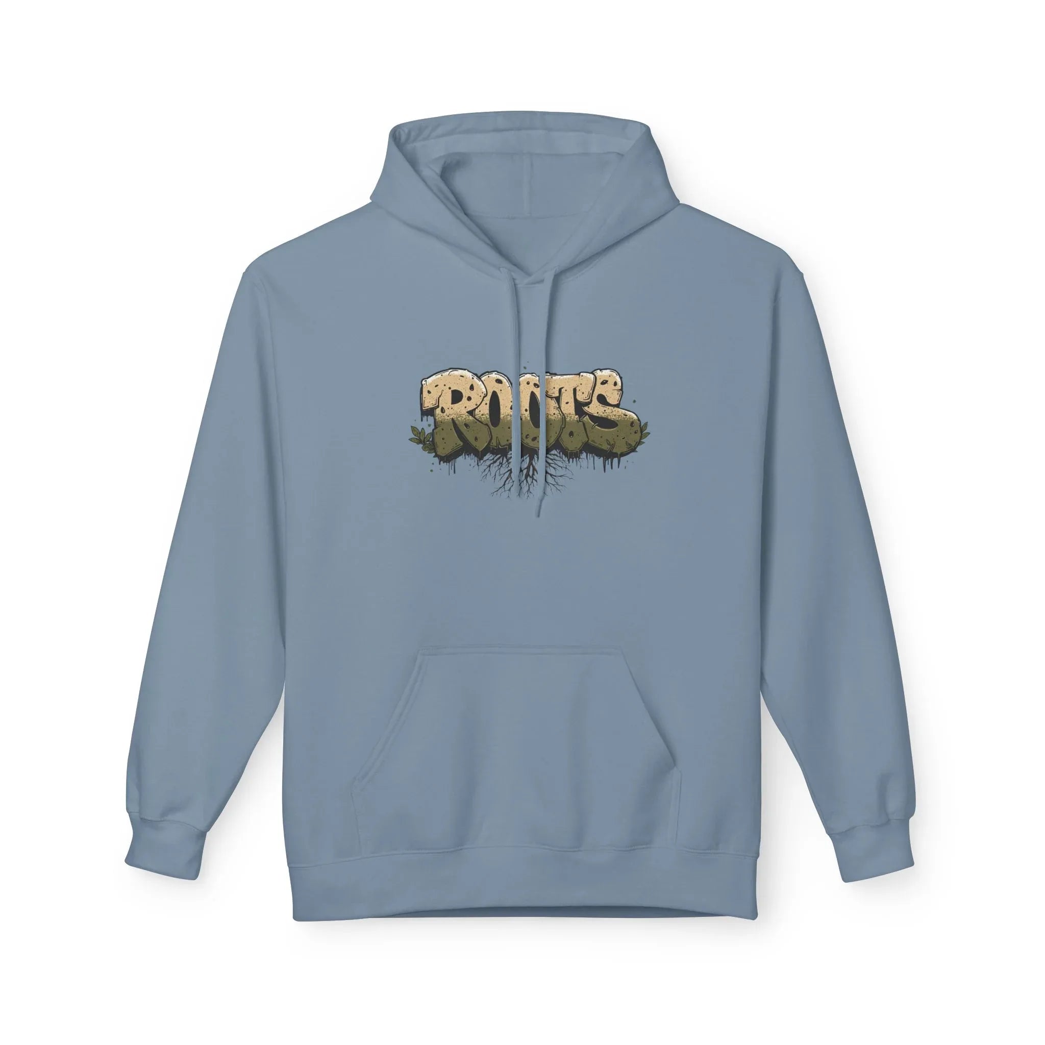 Light blue hoodie with drawstring hood, kangaroo pocket, and centered 'ROOTS' graphic.
