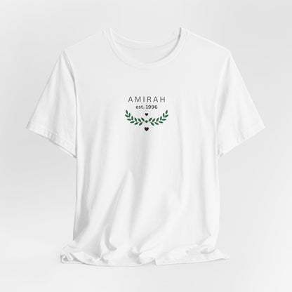 Personalized Name Tee — “AMIRAH est. 1996” Floral Monogram T-Shirt