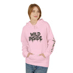 Light pink hoodie pullover with 'WILD INSIDE' front graphic, kangaroo pocket and hood