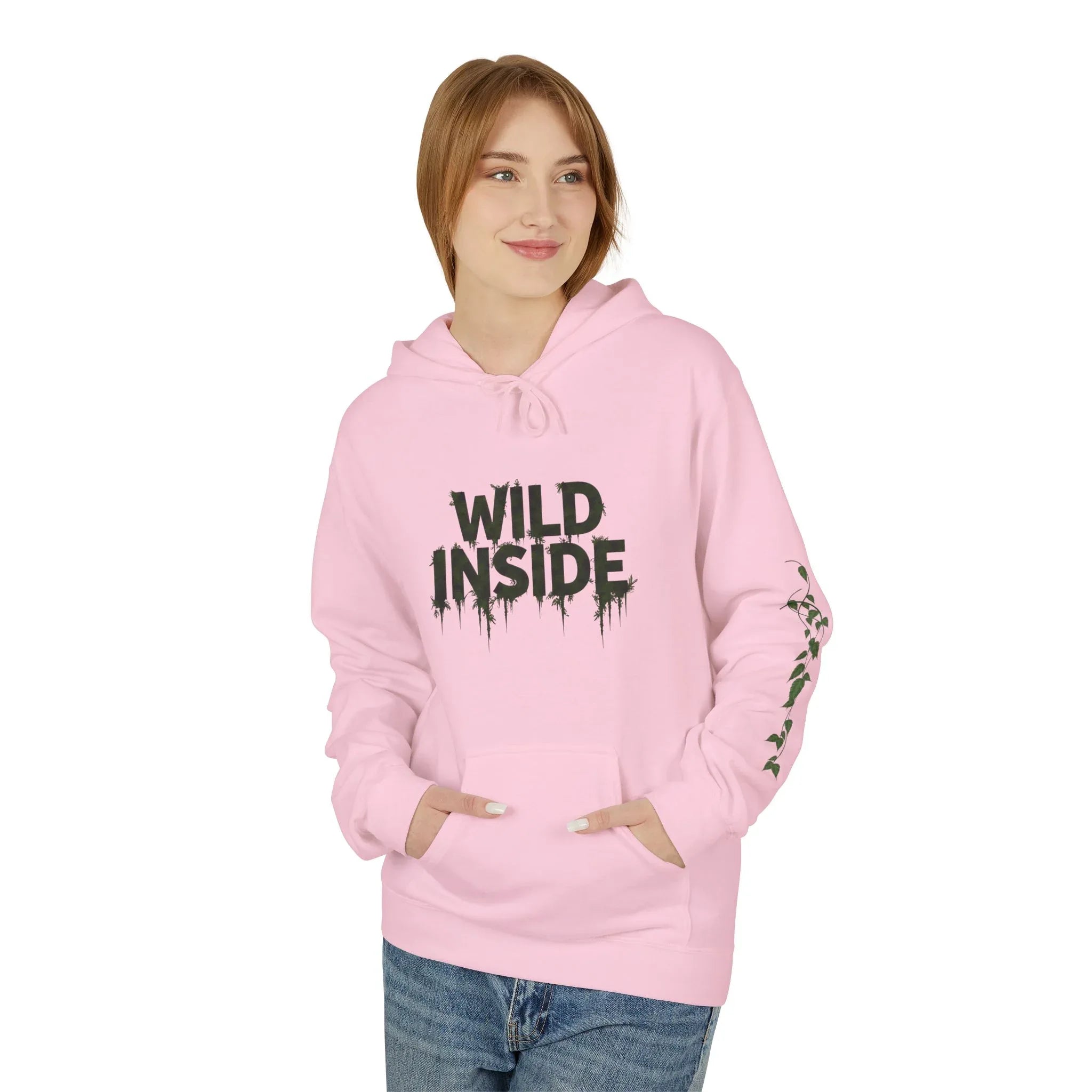 Light pink hoodie pullover with 'WILD INSIDE' front graphic, kangaroo pocket and hood