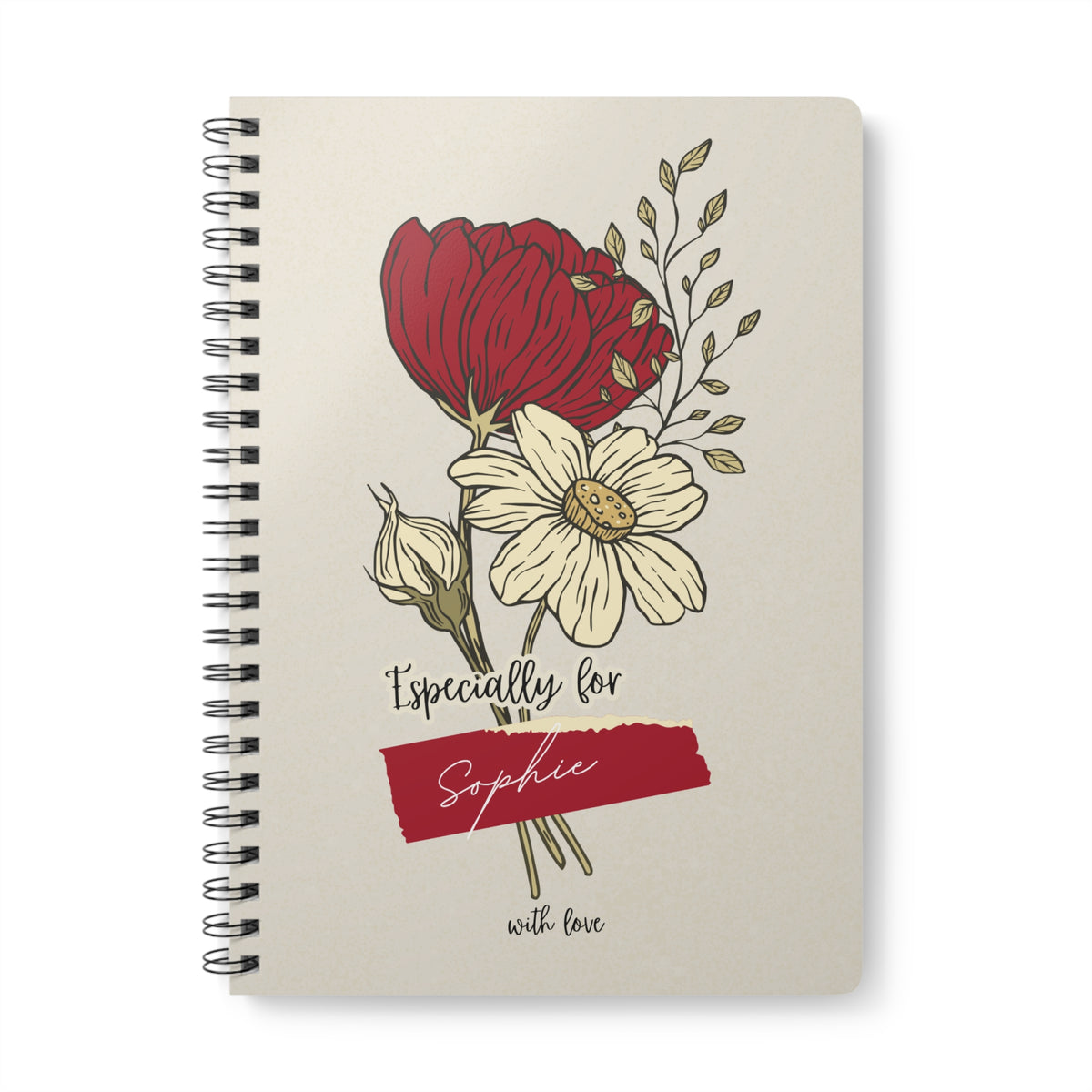 A5 floral journal notebook, beige cover with red flowers and black spiral binding