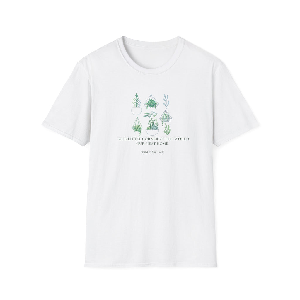 White botanical t-shirt with small green tree and plant illustration and text