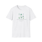 White botanical t-shirt with small green tree and plant illustration and text