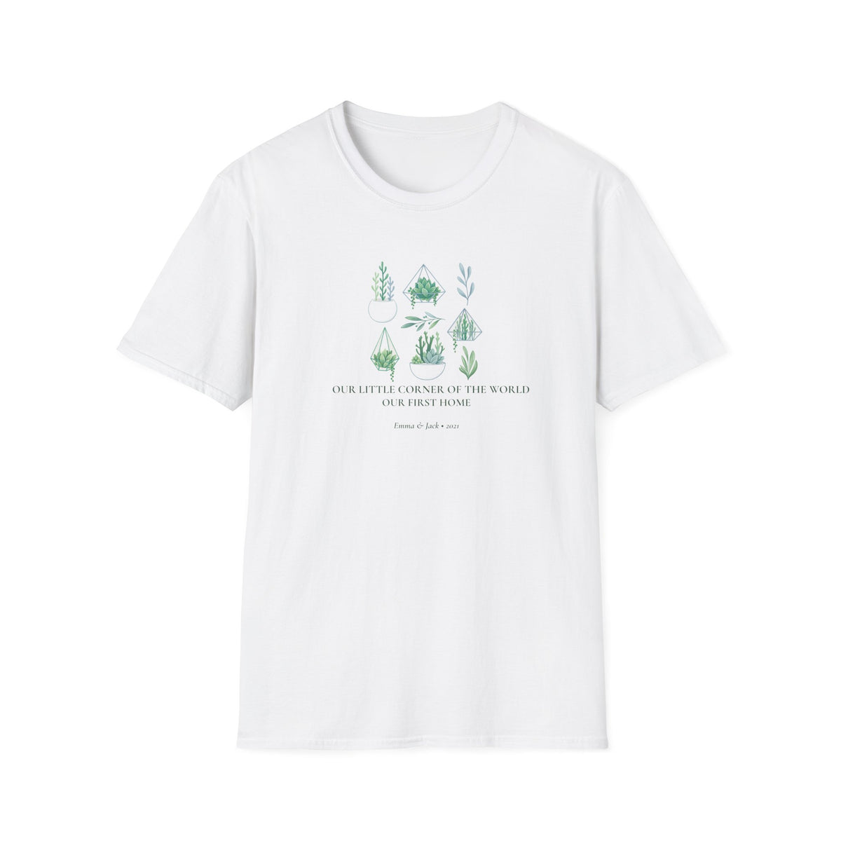 White botanical t-shirt with small green tree and plant illustration and text