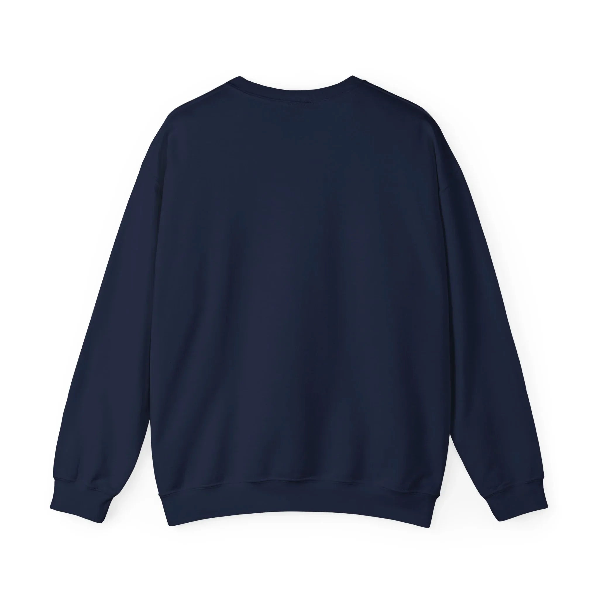 Navy crewneck sweatshirt, back view with no visible graphic