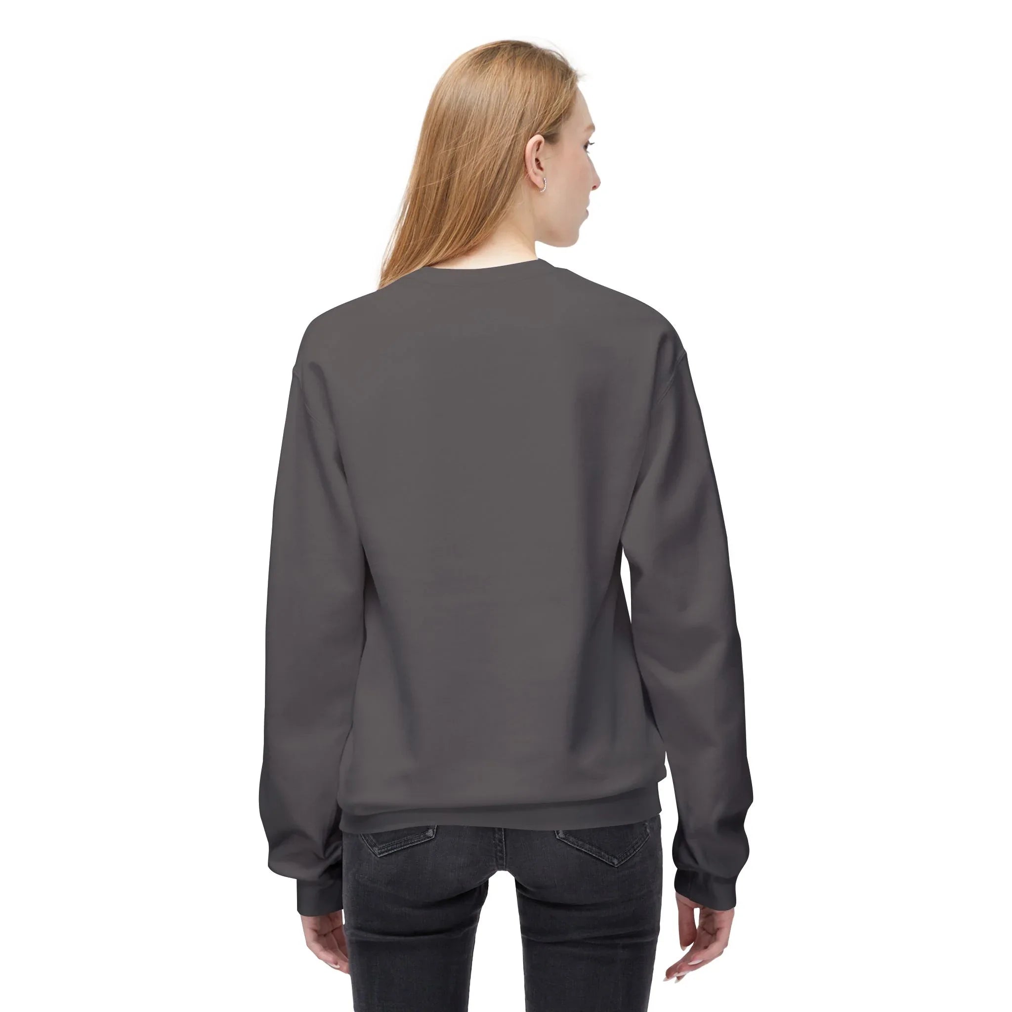 Grey sweatshirt back view with ribbed cuffs and waistband
