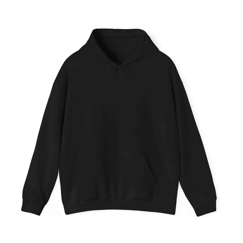 Black pullover hoodie with front pocket and drawstring hood