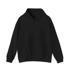 Black pullover hoodie with front pocket and drawstring hood