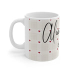 Anniversary mug in white with red hearts, black 'Always you' script and grid background