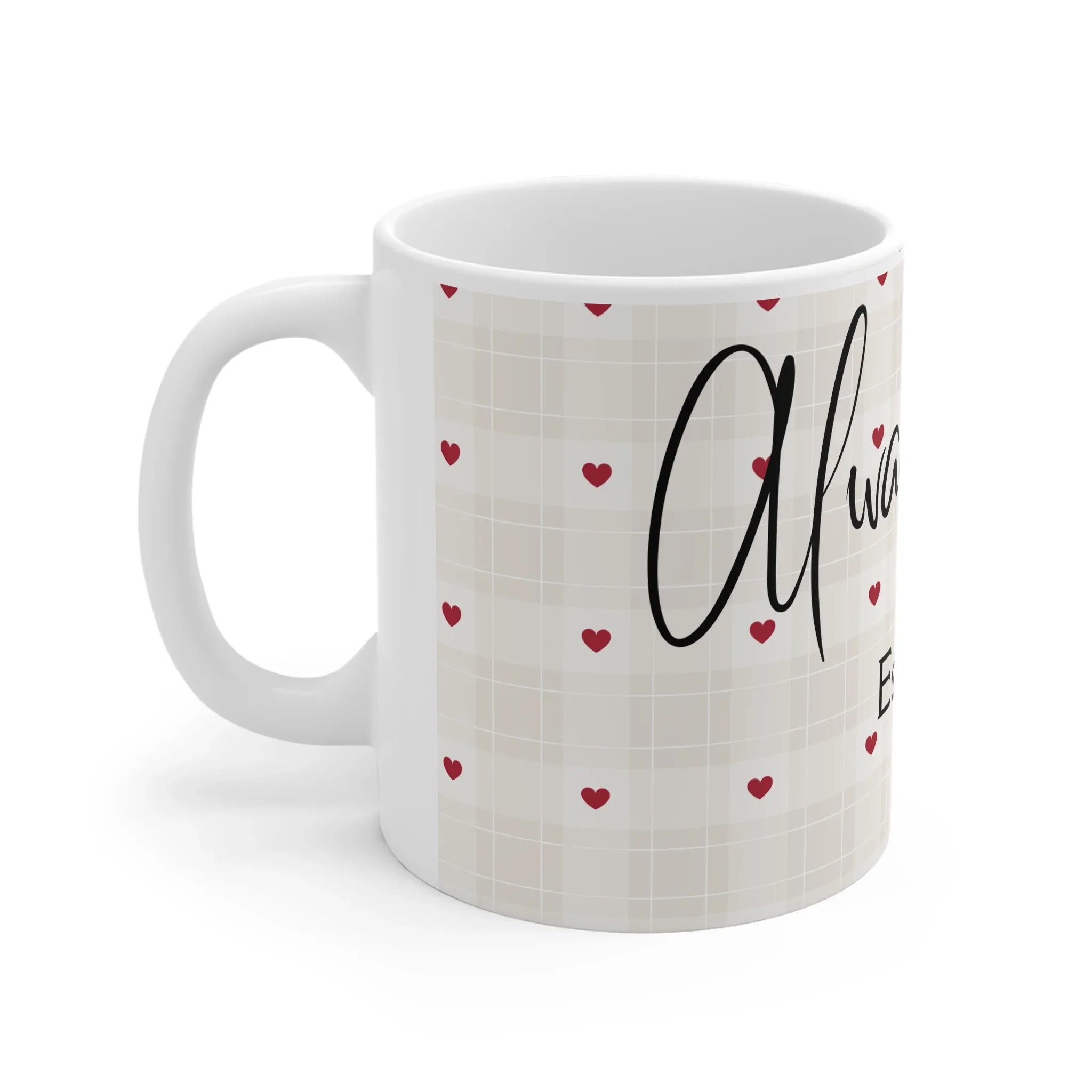 Anniversary mug in white with red hearts, black 'Always you' script and grid background