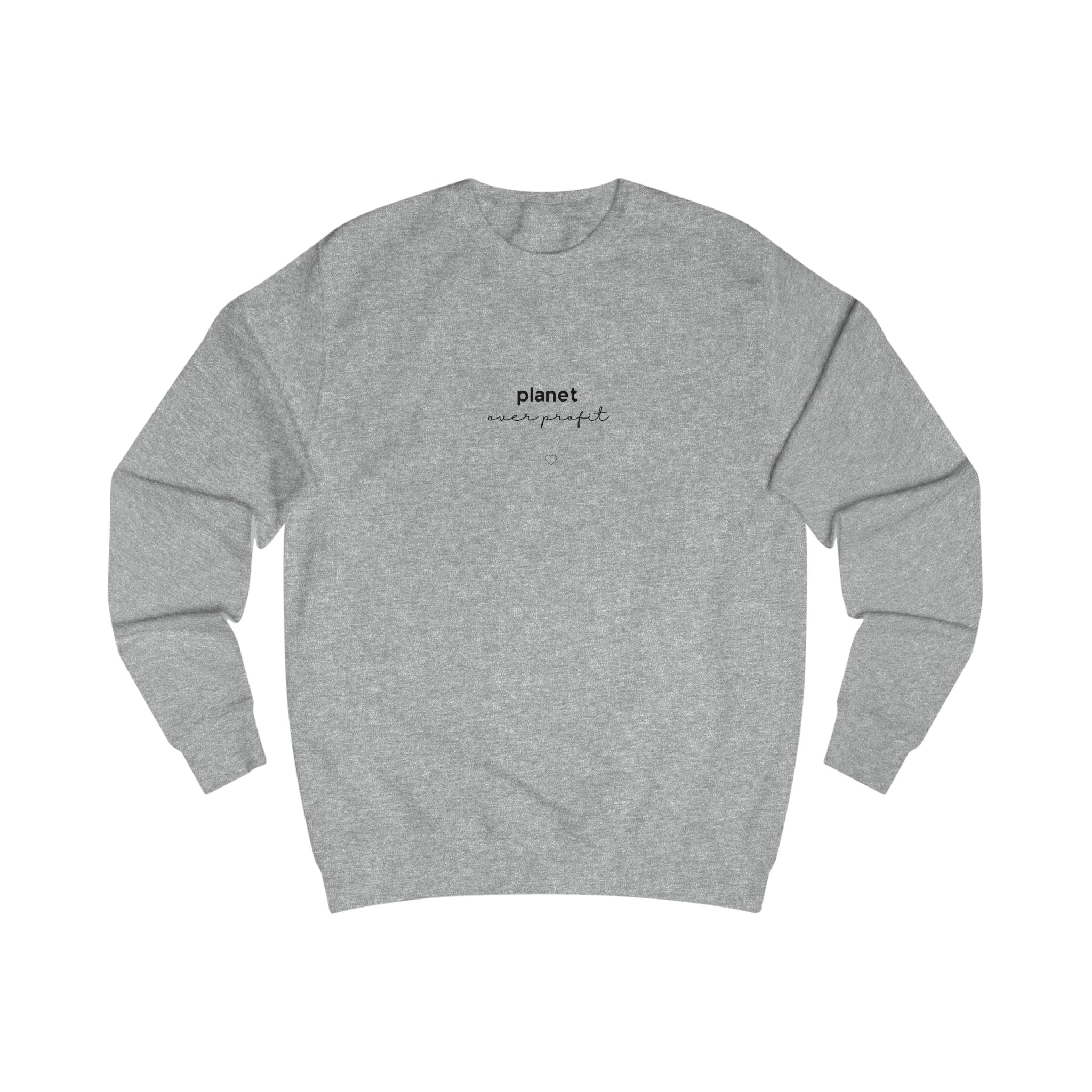 Heather grey sweatshirt with small chest logo and heart emblem