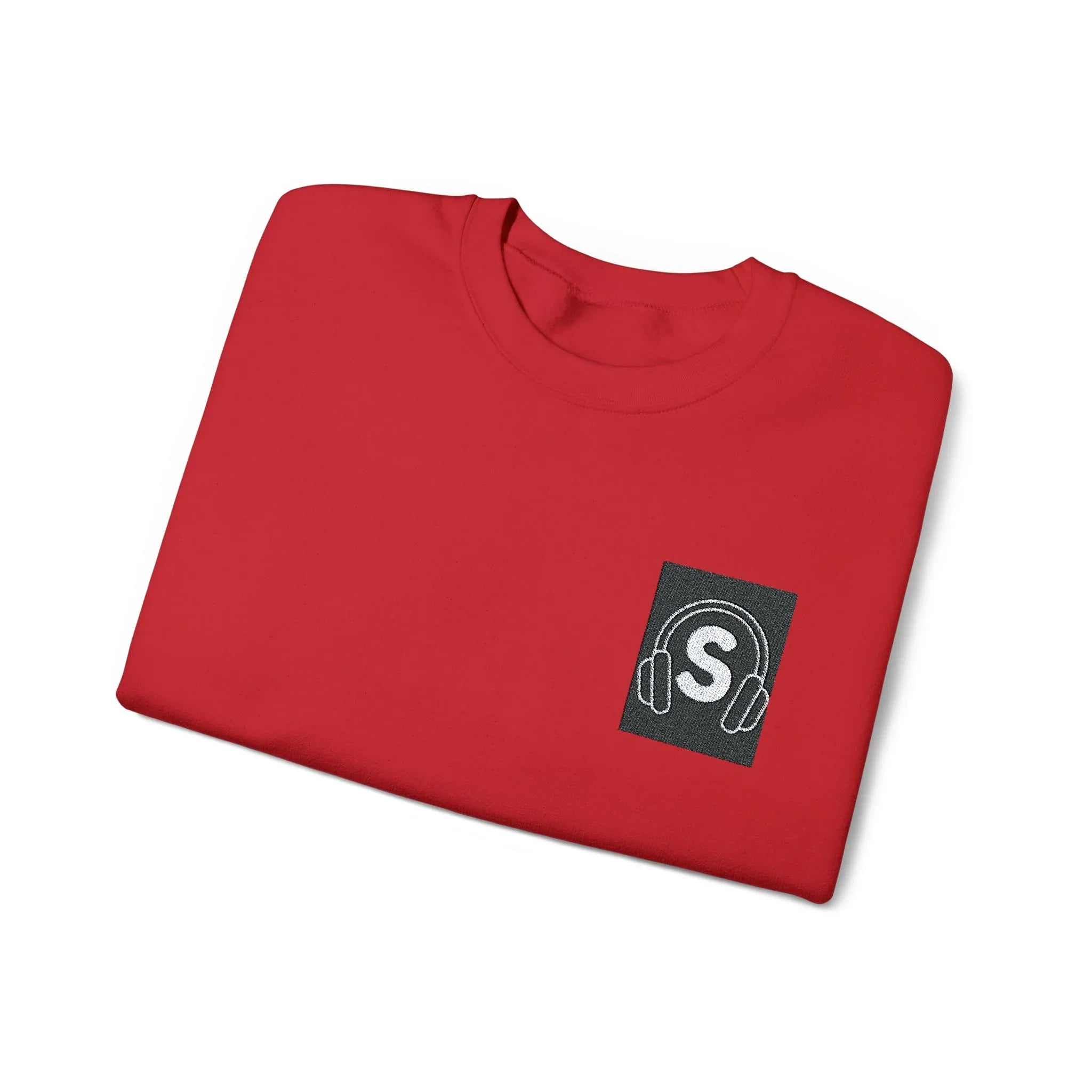 Red unisex sweatshirt with embroidered headphone monogram patch on chest