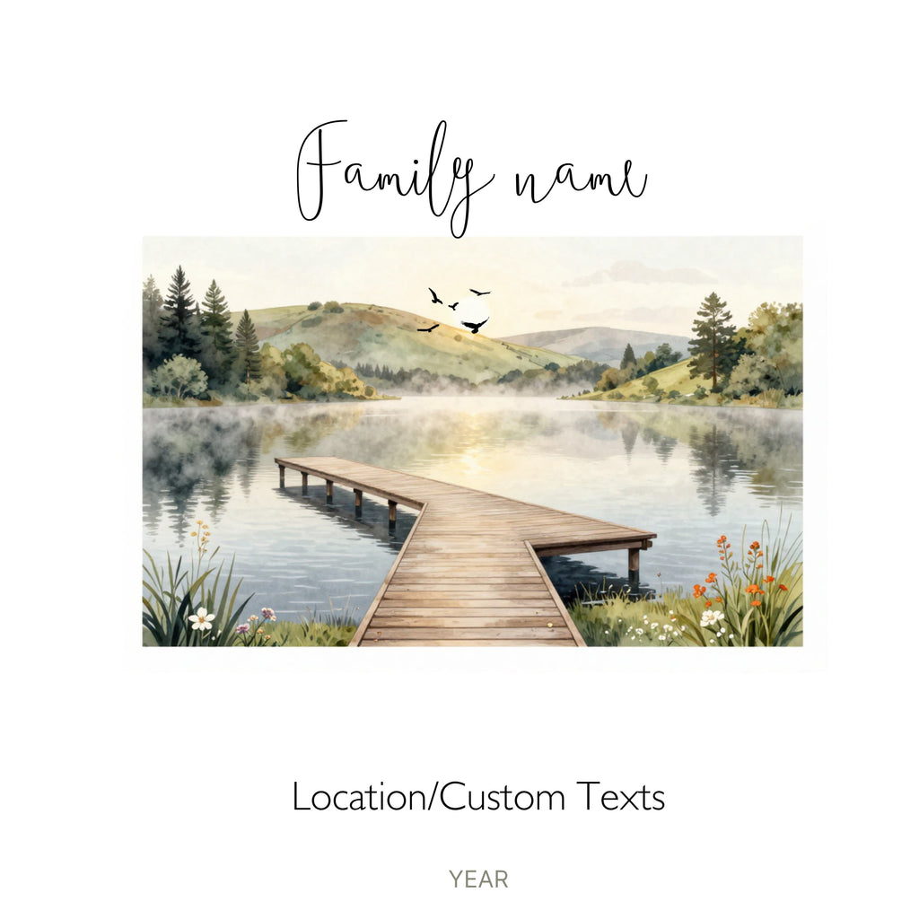 Personalised white tote bag artwork with family name and lake dock with wildflowers