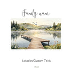 Personalised white tote bag artwork with family name and lake dock with wildflowers