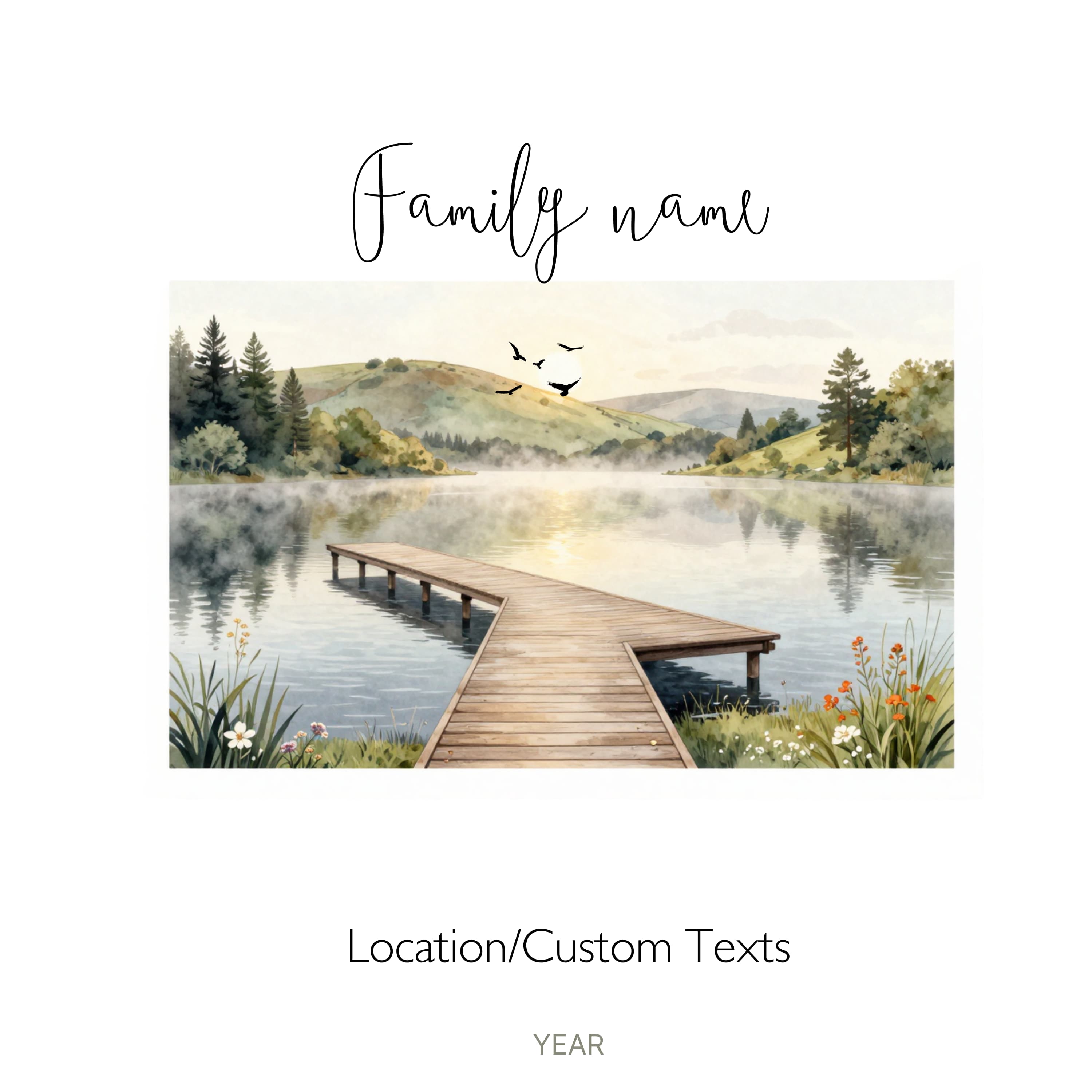 Personalised white tote bag artwork with family name and lake dock with wildflowers