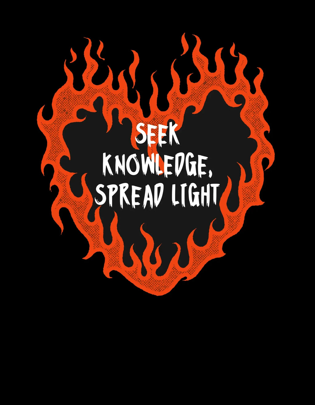 Black hooded hoodie chest graphic with orange flames and text: "Seek Knowledge, Spread Light"