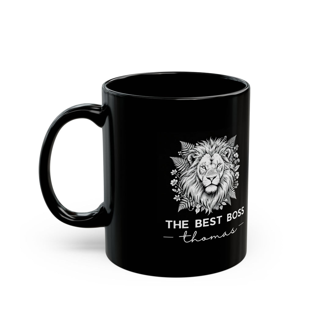 Black Best Boss mug with lion graphic and 'THE BEST BOSS' Thomas