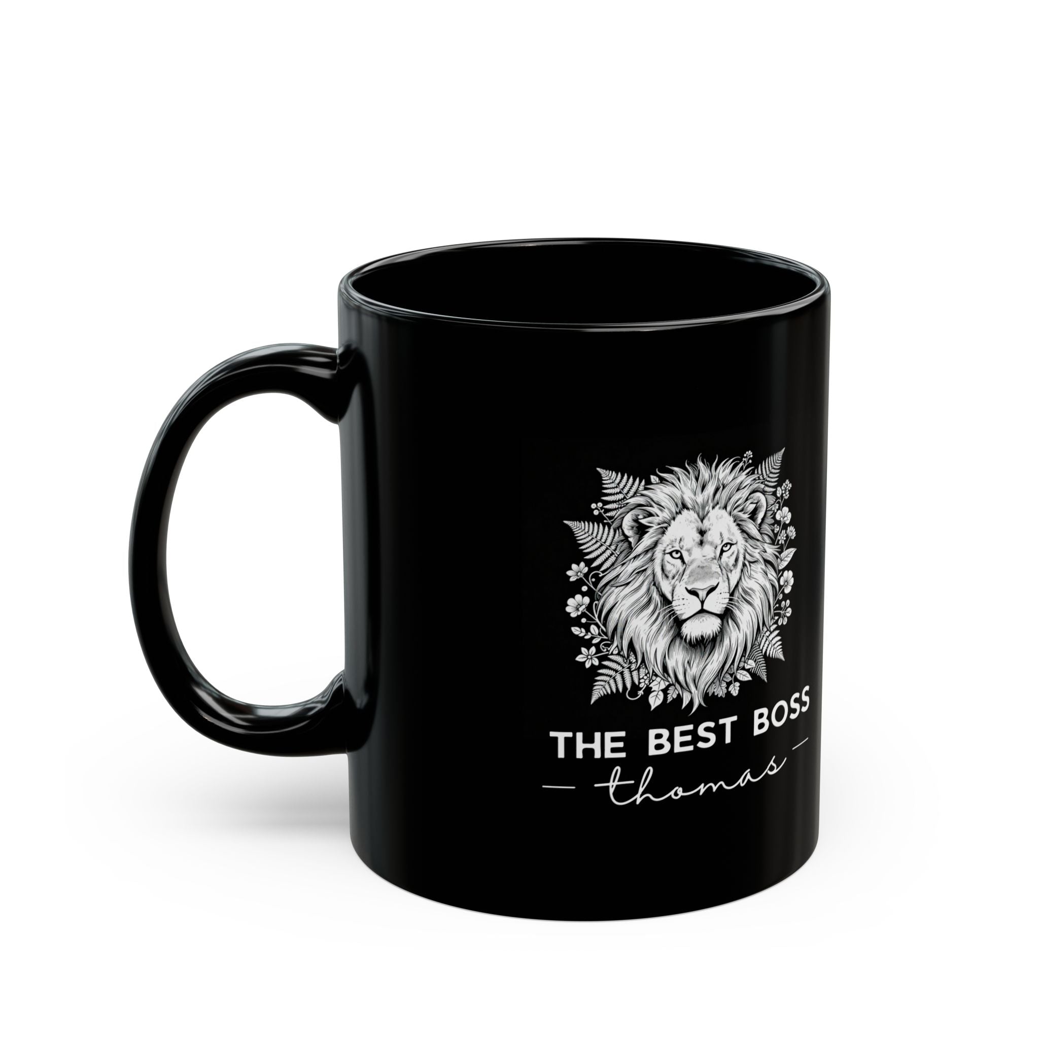 Black Best Boss mug with lion graphic and 'THE BEST BOSS' Thomas