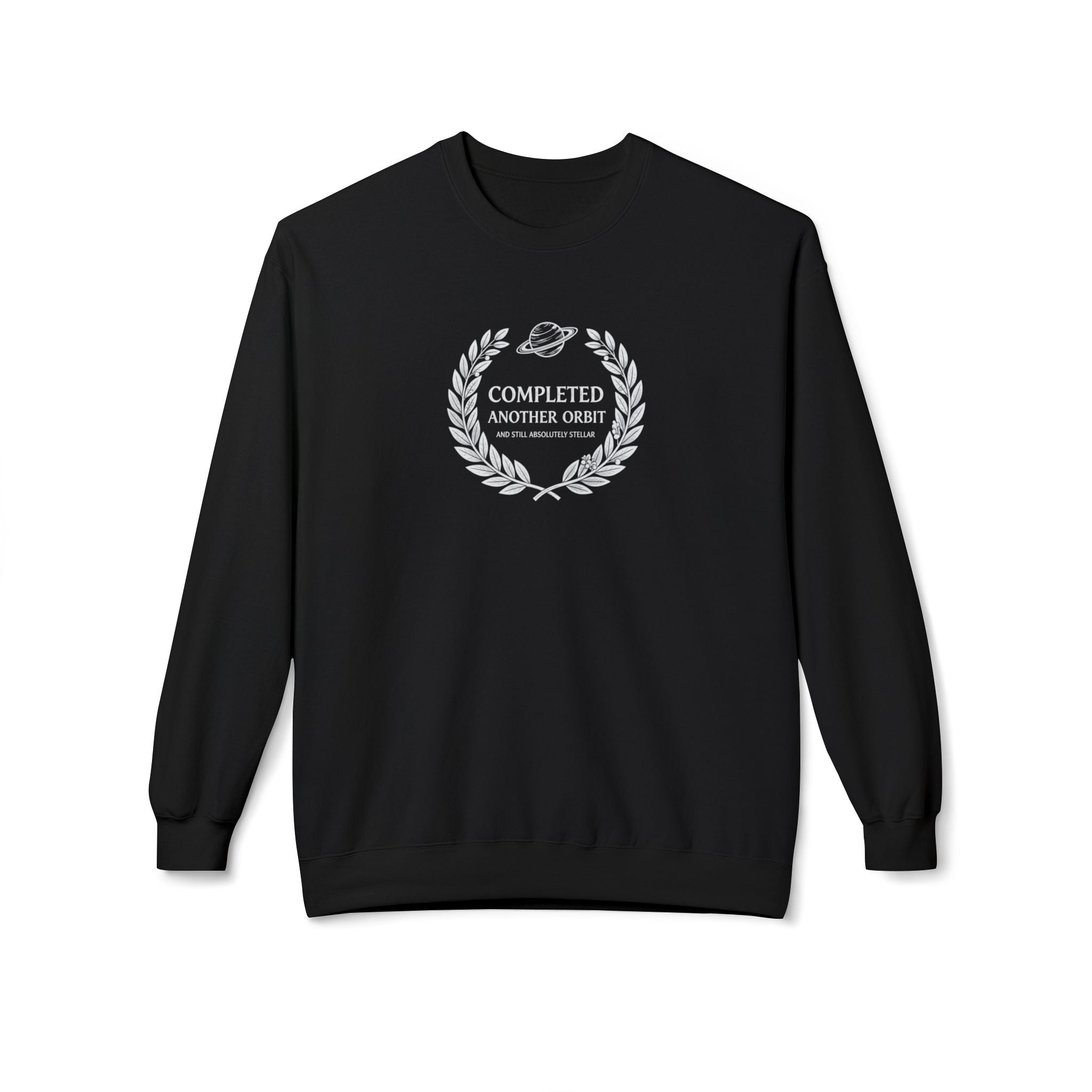 Black crewneck sweatshirt with laurel logo graphic on chest