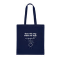 Navy cotton tote bag with ring icon and 'does this ring make me look engaged?'.