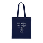 Navy cotton tote bag with ring icon and 'does this ring make me look engaged?'.