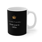 Black personalized teacher mug with crown and “Miss Rose From year 6 -2026-” text