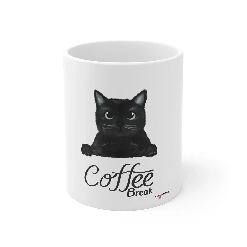 Coffee break mug in white with sitting black cat and “Coffee Break” lettering on front.