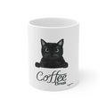 Coffee break mug in white with sitting black cat and “Coffee Break” lettering on front.