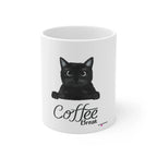 Coffee break mug in white with sitting black cat and “Coffee Break” lettering on front.