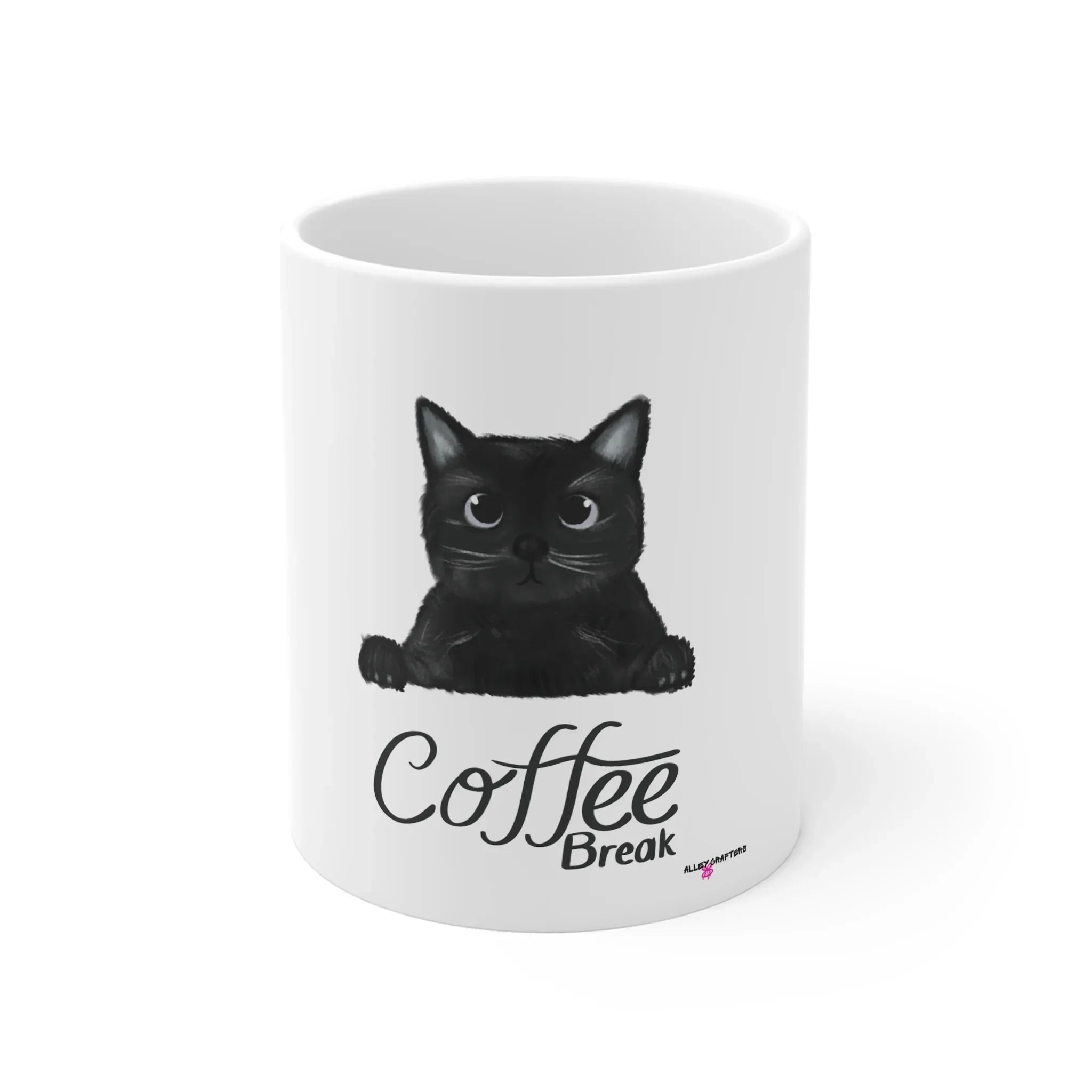 Coffee break mug in white with sitting black cat and “Coffee Break” lettering on front.