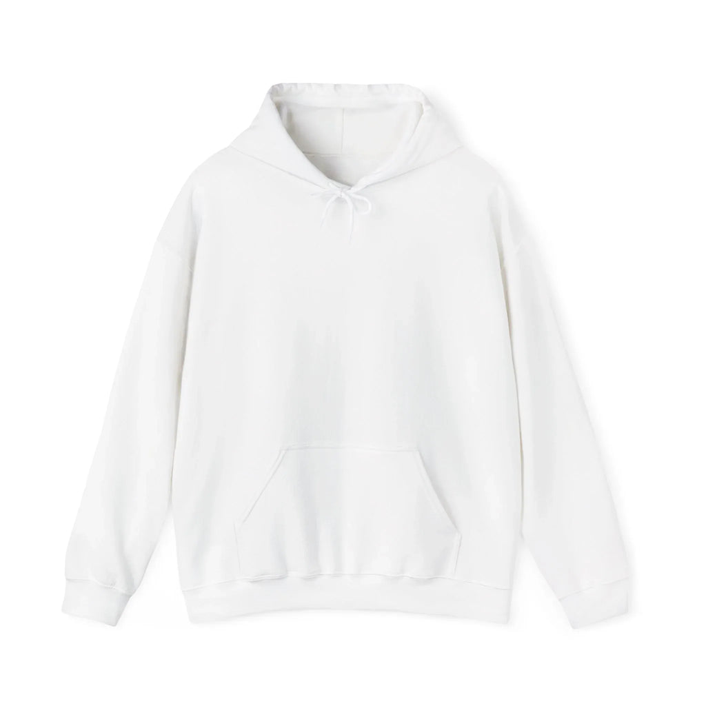 White pullover hoodie with front pocket and drawstring hood