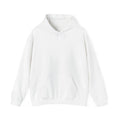 White pullover hoodie with front pocket and drawstring hood