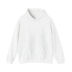 White pullover hoodie with front pocket and drawstring hood