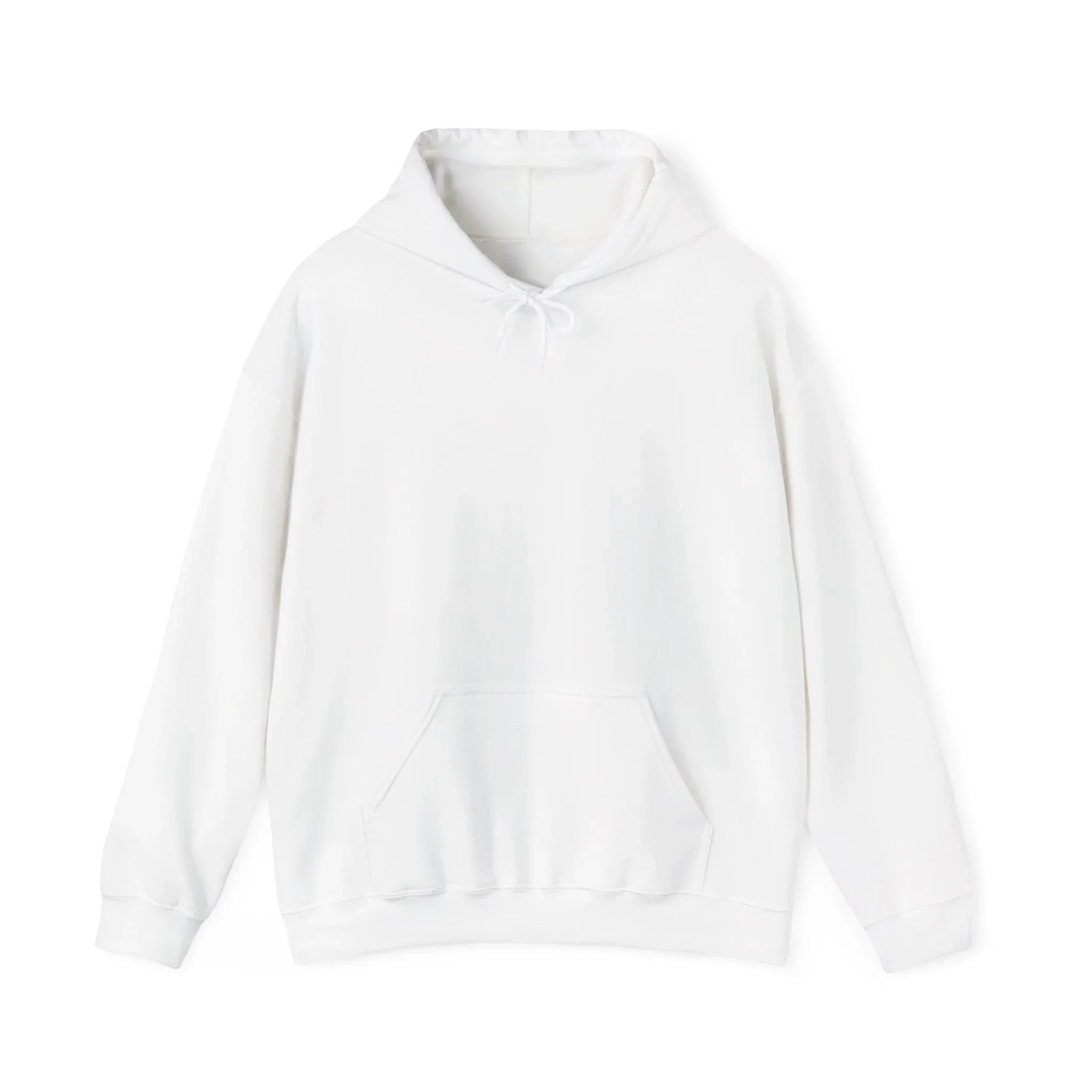 White pullover hoodie with front pocket and drawstring hood