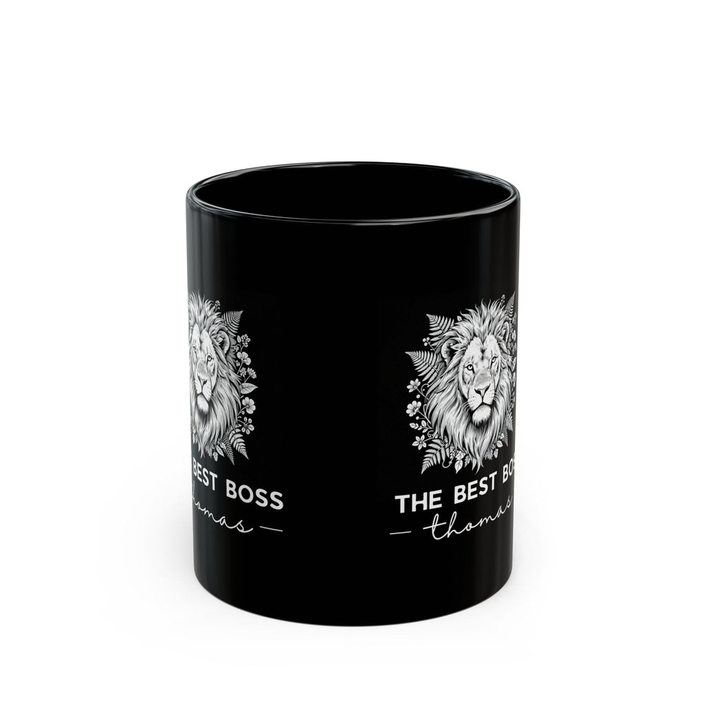 Black Best Boss mug with lion graphic and 'THE BEST BOSS' text on side