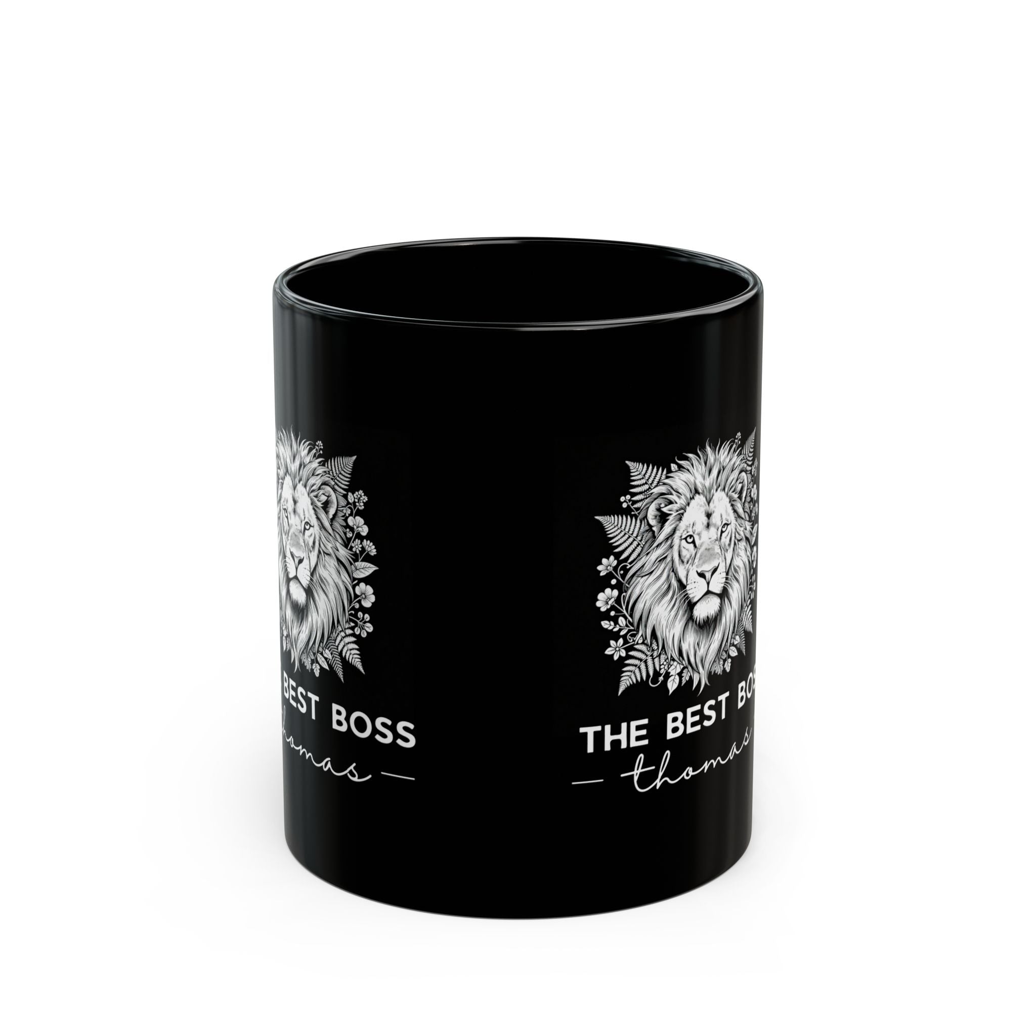 Black Best Boss mug with lion graphic and 'THE BEST BOSS' text on side