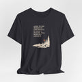 Charcoal black hiking T-shirt with woods scene quote graphic on front