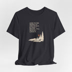 Charcoal black hiking T-shirt with woods scene quote graphic on front