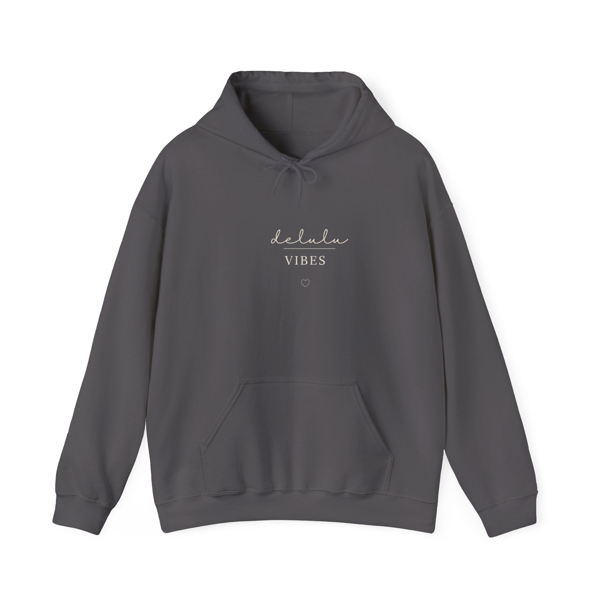 Charcoal hoodie with kangaroo pocket, drawstring hood, and “delulu VIBES” print
